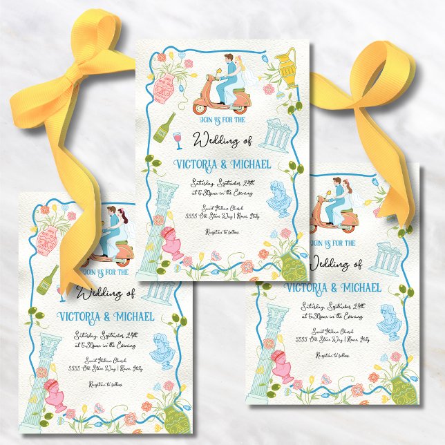 Funky Drawn Italian Bride Groom on scooter Wedding Invitation (Creator Uploaded)