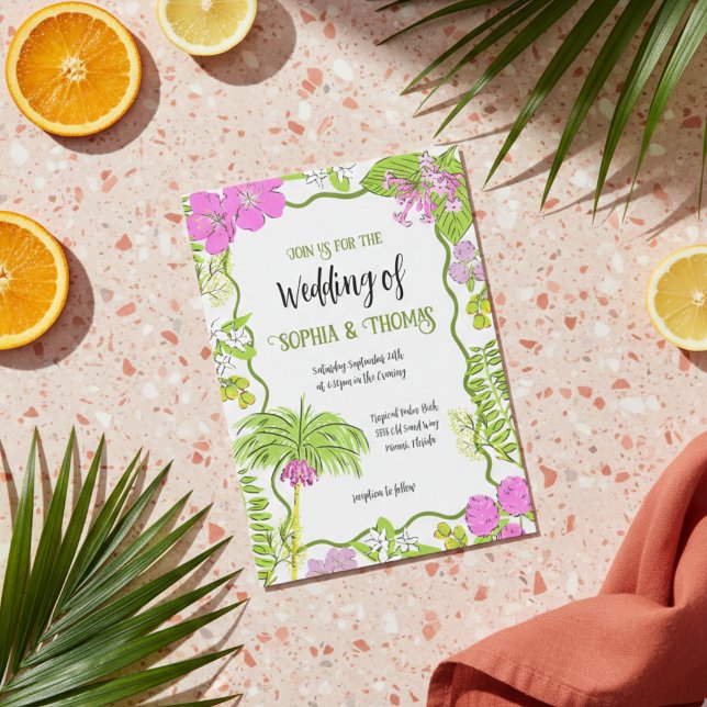 Funky Drawn Tropical Floral Wedding Invitation (Tropical Hand Drawn Pink and Green Invitation)