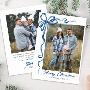 Funky Dusty Blue Christmas Bow Ribbon 2 Photo Holiday Card
