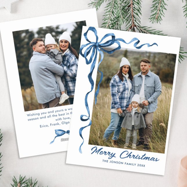 Funky Dusty Blue Christmas Bow Ribbon 2 Photo Holiday Card (Creator Uploaded)