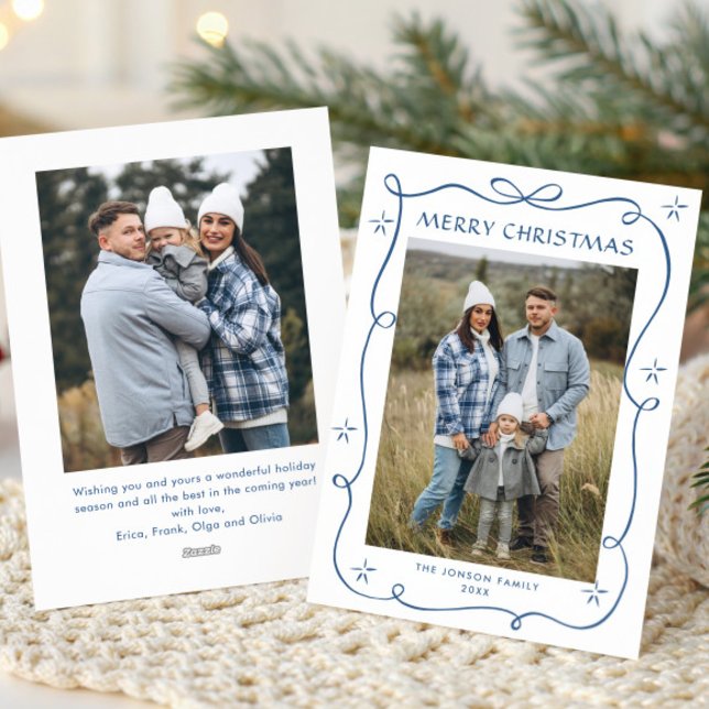 Funky Dusty Blue Christmas Bow Ribbon 2 Photo Holiday Card (Creator Uploaded)