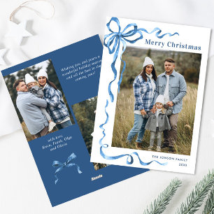 Funky Dusty Blue Christmas Bow Ribbon 3 Photo Holiday Card