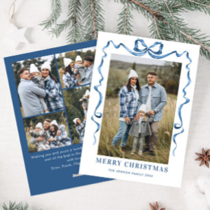Funky Dusty Blue Christmas Bow Ribbon 5 Photo Holiday Card