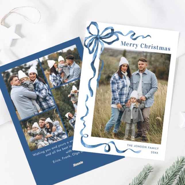 Funky Dusty Blue Christmas Bow Ribbon 5 Photo Holiday Card (Creator Uploaded)