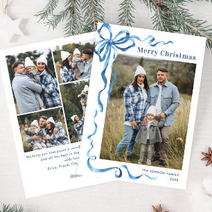 Funky Dusty Blue Christmas Bow Ribbon 5 Photo Holiday Card