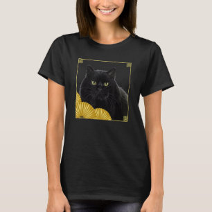 Funky East Asian Style Black Cat in Frame with Gol T-Shirt
