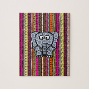Funky Elephant Circle Mosaic with Stripes Jigsaw Puzzle