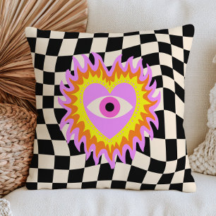 Funky Evil Eye Heart in Flames Retro Chequered Cushion
