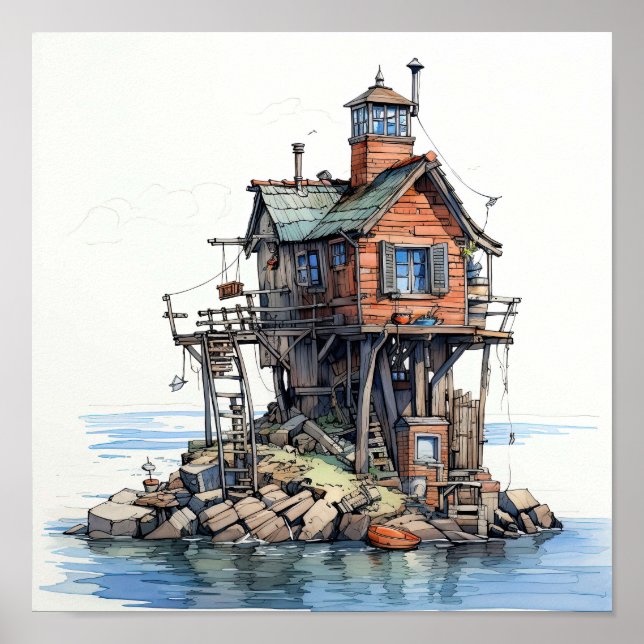Funky Fisherman's Seaside Shack Art Poster (Front)