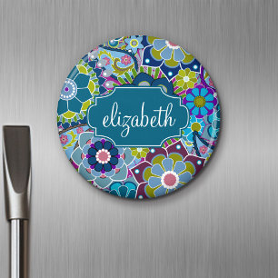 Funky Floral Pattern with Custom Name Magnet