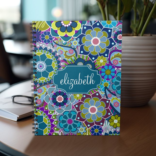 Funky Floral Pattern with Custom Name Spiral Notebook (Personalized notebook - add your name or other text)
