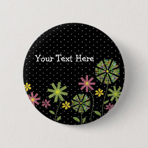 Funky flower border on black background with white 6 cm round badge
