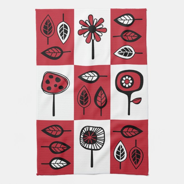 Funky Flowers and Leaves in Red & Black Kitchen To Tea Towel (Vertical)