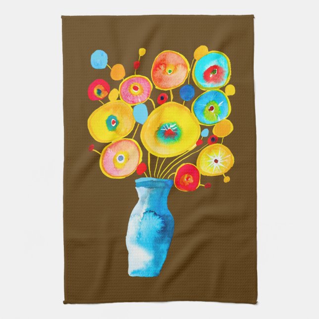 Funky flowers watercolor art tea towel (Vertical)