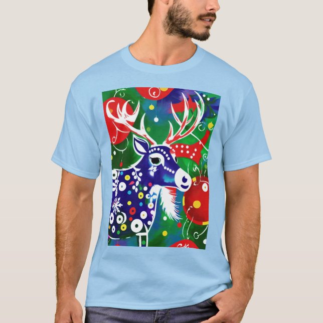 Funky Folk Art Christmas Reindeer T-Shirt (Front)