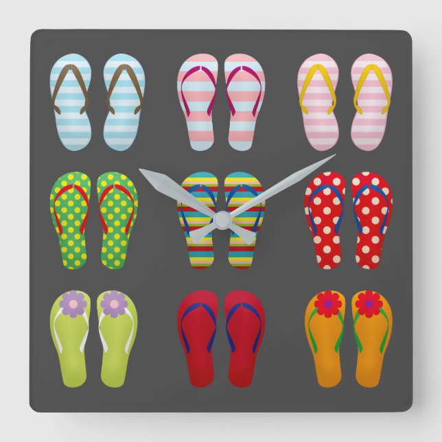 Funky footwear colourful Summer flip flops Square Wall Clock (Front)