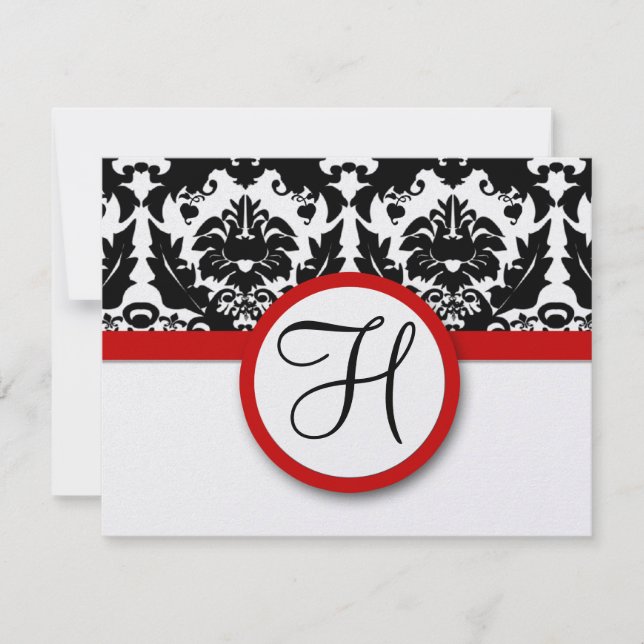 Funky & Fun Black Damask Red Trim Wedding RSVP (Front)