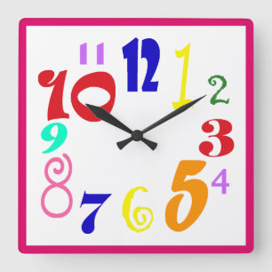 Funky fun multicoloured oversized numbers. square wall clock