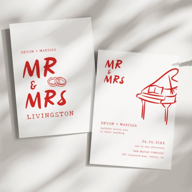 Funky Fun Retro Red Mr & Mrs Illustrated Wedding Invitation (Creator Uploaded)