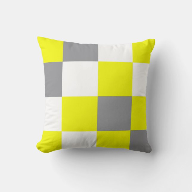 Funky Geometry Abstract Art Yellow Grey White Cushion (Front)