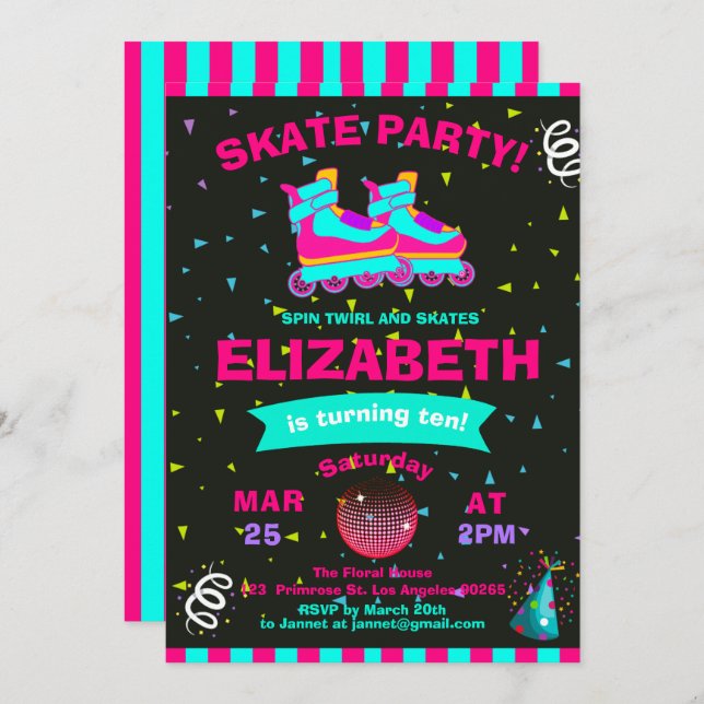 Funky Girl Roller Skate Chalkboard Birthday Party Invitation (Front/Back)