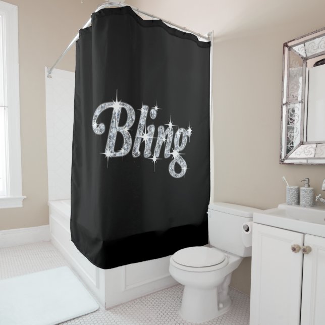 Funky glam pretend diamonds bling text design shower curtain (In Situ)