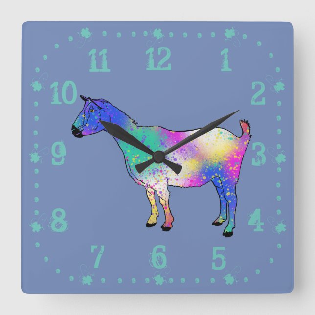 Funky Goat Colorful Splatter Paint Animal Art Square Wall Clock (Front)