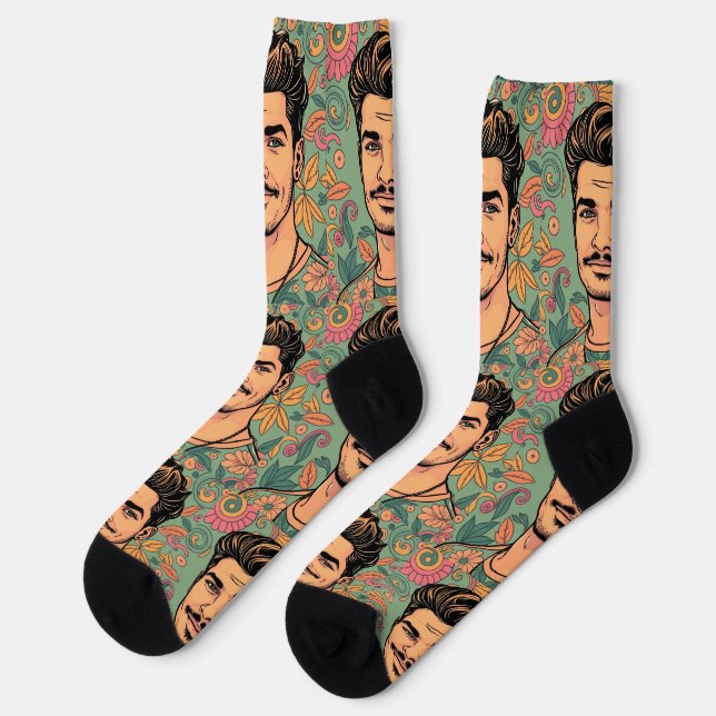Funky grayish green handsome Male illustration Socks (Left)