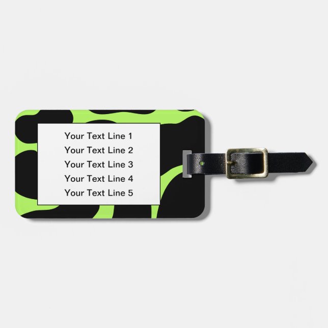 Funky Green and Black Cow Pattern. Luggage Tag (Front Horizontal)
