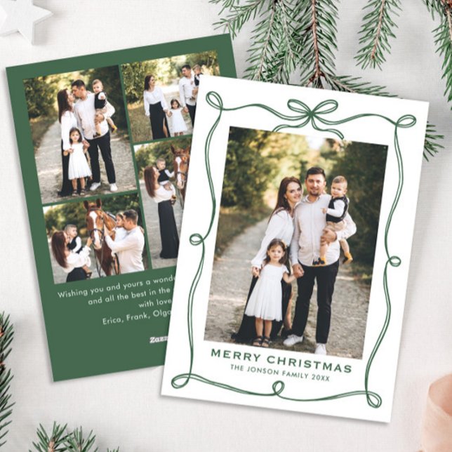 Funky Green Christmas Bow Ribbon 5 Photo Holiday Card (Creator Uploaded)
