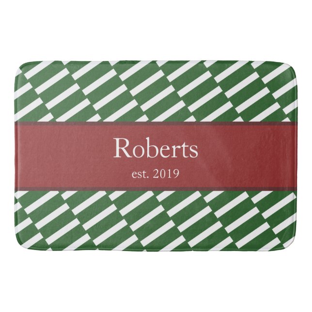 Funky Green Pattern Family Name and Year Modern Bath Mat (Front)