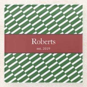 Funky Green Pattern Family Name and Year Modern Glass Coaster