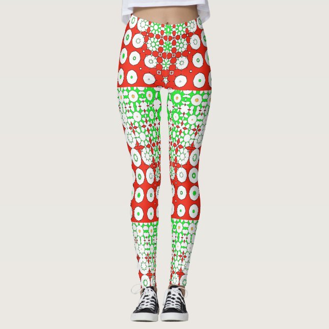 Funky Green, Red, Pattern, Flowers,  Leggings (Front)