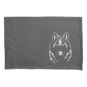 Funky Grey And White Wolf Face Head Sketch Pillowcase