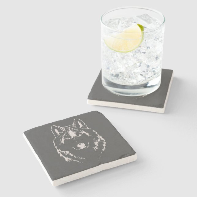 Funky Grey And White Wolf Face Head Sketch Stone Coaster (Side)