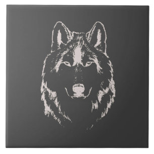Funky Grey And White Wolf Face Head Sketch Tile