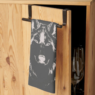 Funky Grey And White Wolf Face Head Tea Towel