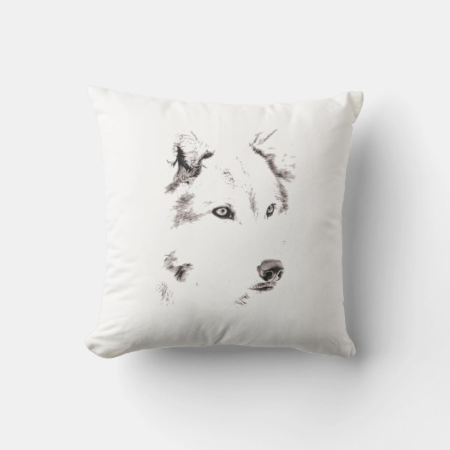 Funky Grey Wolf Face Head Sketch Cushion (Front)