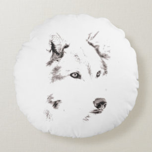 Funky Grey Wolf Face Head Sketch Round Cushion