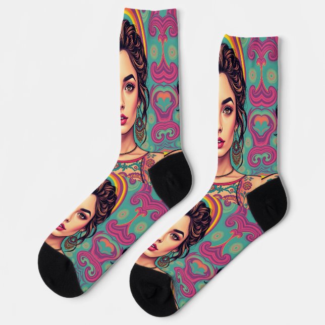 Funky groovy colourful young Brunette Beauty  Socks (Left)