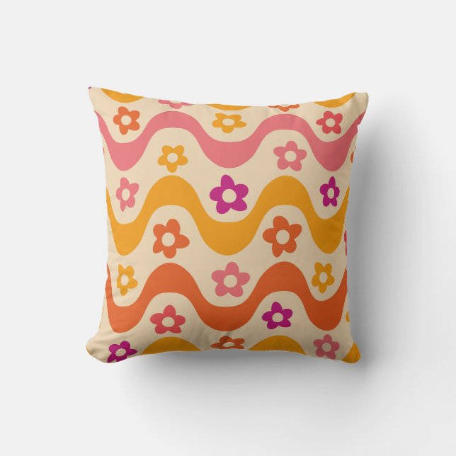 Funky Groovy flowers pattern on retro waves   Cushion (Front)