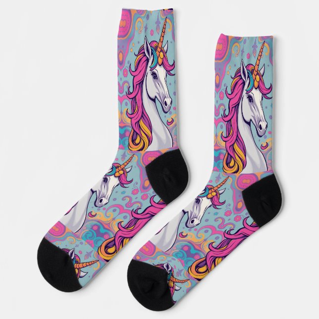 Funky groovy girlie pink-baby blue Unicorn  Socks (Left)