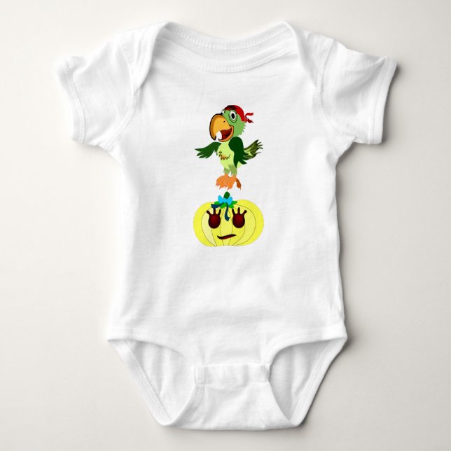 Funky Halloween Costume with Parrot on Pumpkin  Baby Bodysuit (Front)