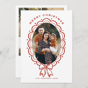 Funky Hand Drawn Christmas Red Bow 5 Photo Holiday Card