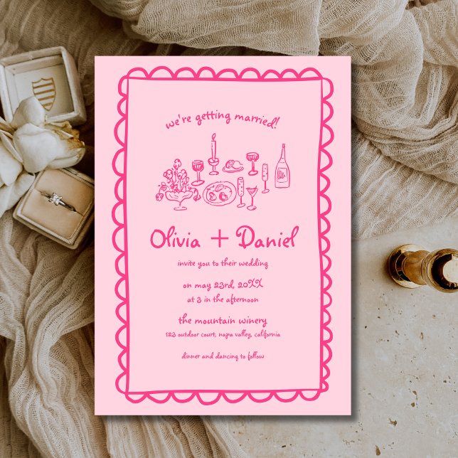 Funky Hand Drawn Pink Handwriting Wedding Invitation (Creator Uploaded)
