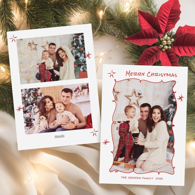 Funky Hand Drawn Scribble Retro Christmas 3 Photo Holiday Card (Creator Uploaded)