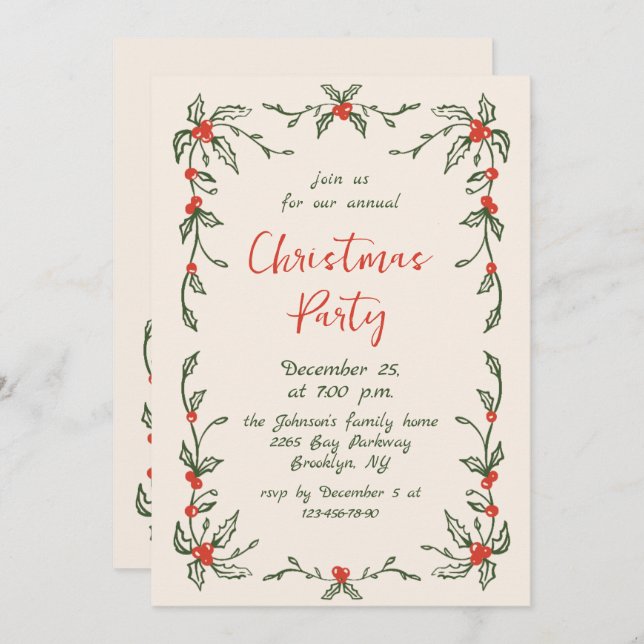 Funky Hand Drawn Whimsical Christmas Holiday Party Invitation (Front/Back)
