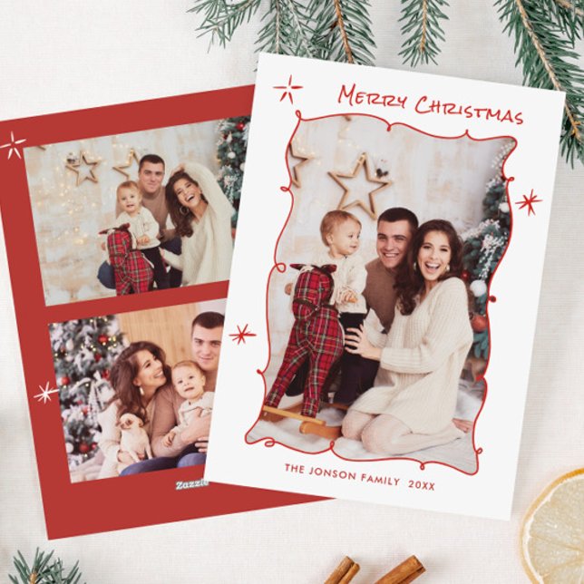 Funky Hand Drawn Whimsical Retro Christmas 3 Photo Holiday Card (Creator Uploaded)