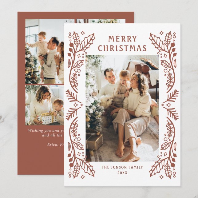 Funky Hand Drawn Whimsical Retro Christmas 5 Photo Holiday Card (Front/Back)