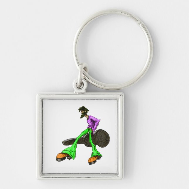Funky Hipster Guitar Player Cartoon Character Key Ring (Front)